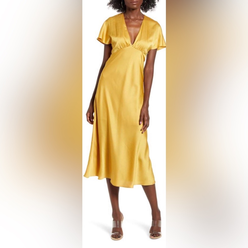 All in Favor Jacquard SatinMustard Midi Dress